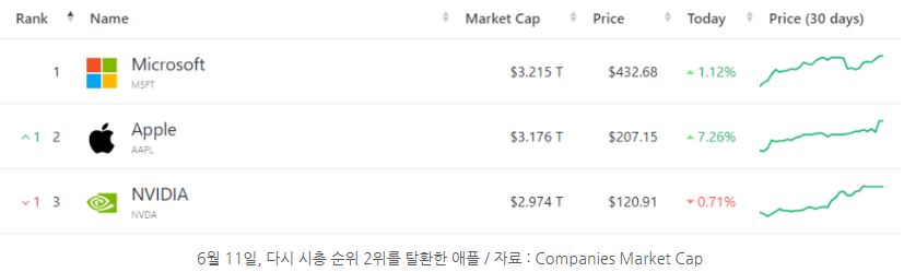 6월 11일 다시 세계 시가총액 순위 2위를 되찾은 '애플'.